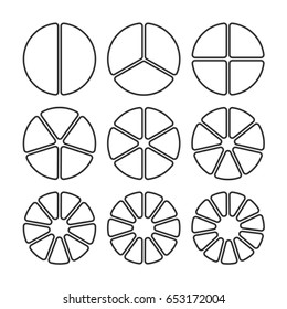 Circle segments set. Various number of sectors divide the circle on equal parts. From 2 to 10. Black thin outline graphics with no fill.