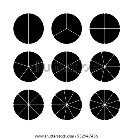 Circle segments set. Various number of sectors divide the circle on equal parts. From 2 to 10. Black flat fill. Slightly rounded corners.