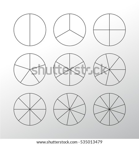 Circle segments set. Various number of sectors divide the circle on equal parts. From 2 to 10. Black thin outline graphics with no fill.