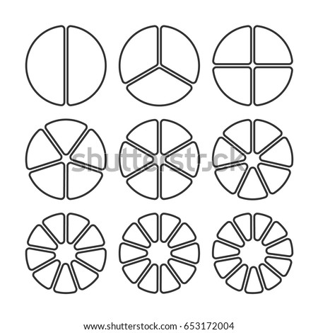 Circle segments set. Various number of sectors divide the circle on equal parts. From 2 to 10. Black thin outline graphics with no fill.