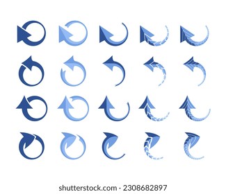 Signo de flecha de estilo de círculo y semicírculo, combinación de azul, azul oscuro y azul claro.