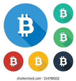 Circle Set of bitcoin icons with long shadow for website app, presentation website, mobile app, in 6 colors for many uses / Flat bitcoin icon in circle