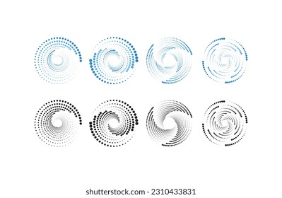 Circle set of blue and black thick halftone dotted speed lines. Speed lines in circle form. Geometric art. Design element for frame, logo, posters, template, abstract vector background.