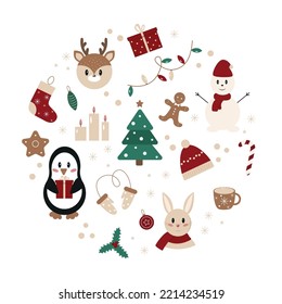 Circle set of Christmas and New Year elements in flat style. Cute animals and traditional symbols. Vector illustration.
