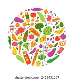 Circle set of doodle groceries: vegetables, fruits, meat, bread, milk, oil, fish. Healthy food. Grocery store. 