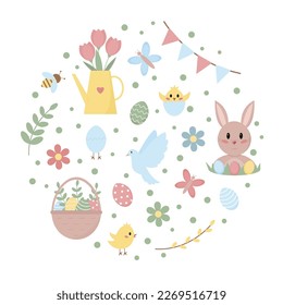 Circle set of Easter elements in flat style. Cute animals and traditional symbols. Vector illustration.