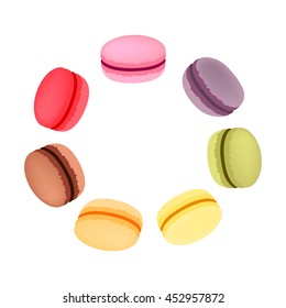 Circle set of macaroni, almond colorful cookies on transparent background