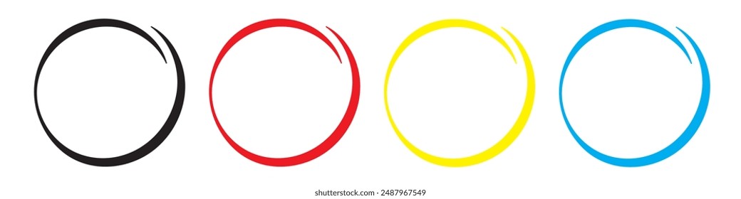 Circle set, pen draw circle. Highlight hand drawing circle isolated on white background. Handwritten black, red, blue circle. For marking text, numbers, marker pen, pencil, logo and text check.