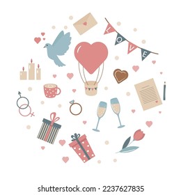 Circle set for Valentine's day in flat style. Traditional symbols: heart, ring, flower, gifts, balloon, pigeon, candles, glasses and others. Vector illustration