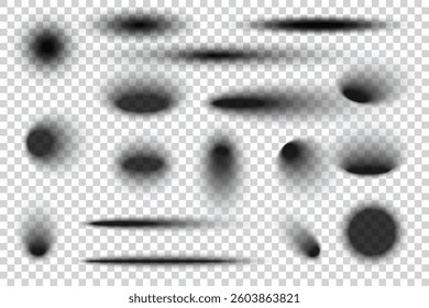 Circle shadows with blurred effect. Realistic oval black transparent drop shapes. Circular gradient shades on surface. Dark soft edge ellipses vector collection