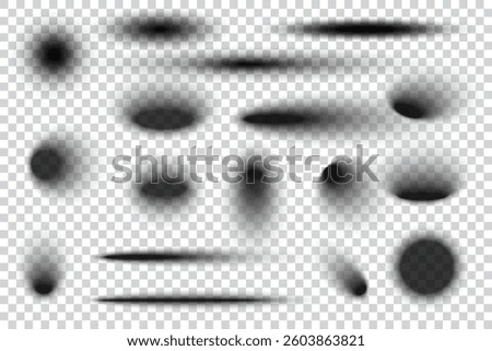 Circle shadows with blurred effect. Realistic oval black transparent drop shapes. Circular gradient shades on surface. Dark soft edge ellipses vector collection
