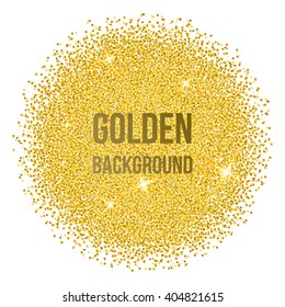 Circle shape abstract background with golden dots, sparkles and glitter. Round template for business presentations with empty space for your text. Vector.