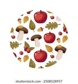 Circle shape with autumn seamless pattern background. Apple, mushroom and berries