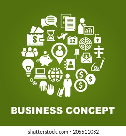 Circle shape with business concept icons: team, success, technology, contacts, connection, communication, idea, presentation, diagram, document, message