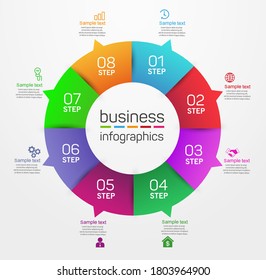 Plantilla de diseño de vectores de infografía de empresas de forma circular con 8 opciones, pasos o procesos de presentación 