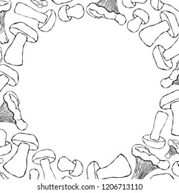 Circle Shape Chanterelle, Boletus or Porcini, Aspen Mushroom Background. Autumn or Fall Vegetable Harvest Collection. Realistic Hand Drawn High Quality Vector Illustration. Doodle Style.