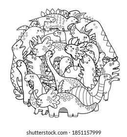 Circle shape coloring page with cute dinosaurs. Mandala with dinos black and white print for coloring book. Outline background. Vector illustration