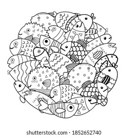Circle shape coloring page with cute fish. Sea life animals black and white print for coloring book. Outline background with cute forest animals. Vector illustration