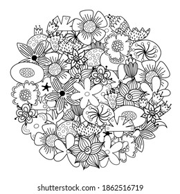 Circle shape coloring page with doodle flowers. Floral mandala for coloring book. Outline background with black and white plants in zentangle style. Vector illustration