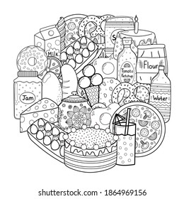 Circle shape coloring page with doodle food. Black and white outline background with cake, eggs, cheese, pizza, jam and more. Template for meditation and relax colouring book. Vector illustration