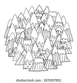 Circle shape coloring page with doodle mountains. Black and white print for coloring book. Outline background. Vector illustration