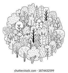 Circle shape coloring page with doodle trees. Forest black and white print for coloring book. Outline background. Vector illustration