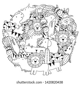 Circle shape coloring page with funny safari animals. Black and white print. Vector illustration svg