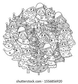 Circle shape coloring page with funny Christmas trees. Black and white winter print for colouring. Holiday activity for adults and kids. Vector illustration