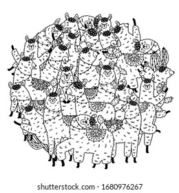 Circle shape coloring page with funny llamas. Black and white print. Vector illustration