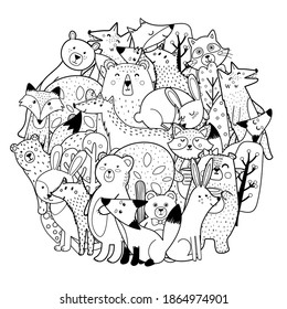 Circle shape coloring page with funny forest characters. Cute woodland animals black and white print. Template for coloring book. Vector illustration