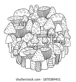 Circle shape coloring page with mushrooms. Black and white cute print for coloring book. Outline background. Vector illustration