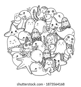 Circle shape coloring page with sea animals. Black and white print for coloring book with cute underwater characters. Outline background. Vector illustration