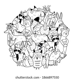 Circle shape coloring page with woodland animals. Black and white print for coloring book with cute forest characters. Outline background. Vector illustration