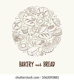 Circle shape composition from hand drawn bread in sketch style. Vector illustration for bakery shops isolated on white background. Fresh bread poster concept.