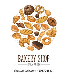 Circle shape composition from hand drawn bread in sketch style. Vector illustration for bakery shops isolated on white background. Fresh bread poster concept.