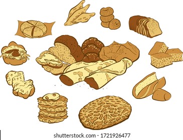 Circle shape composition from hand drawn bread. Rich coloured vector illustration for bakery shops. Bread poster composition concept on white background.