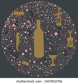 Circle shape with corkscrews on black background. Circle border for text. Poster, banner, print, textile design element. Vector illustration.