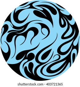 Circle shape with curly ornament. Planet abstract design. Blue fire ball decorative emblem. Vector illustration