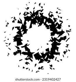 Circle shape debris and shatters. Black broken pieces, specks, speckles and particles. Abstract explosion and burst textured element. Vector frame illustration 