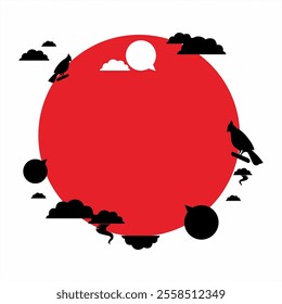 Circle shape design template, clouds, word balloons and bird silhouettes in black, red and white colors