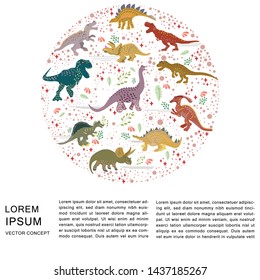 Circle shape with dinosaurs on white background. Cute clip art with copyspace. Greeting card, poster design element. vector