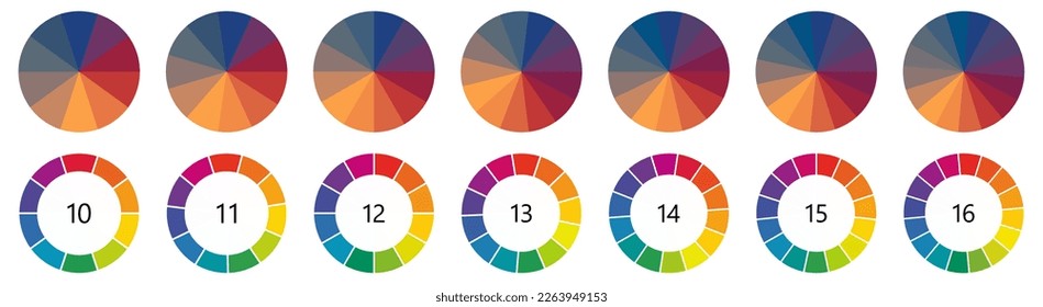 Circle  shape divided into colorful segments, version with 10 to 16 parts, can be used as infographics element