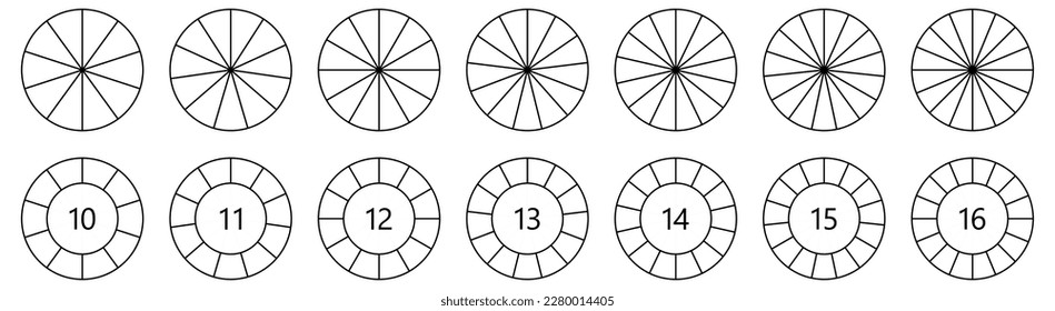 Circle  shape divided into equal segments, version with 10 to 16 parts, can be used as infographics element