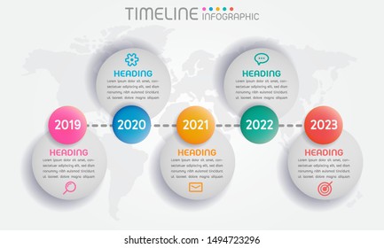 Circle shape elements with steps,options,processes or workflow on world map background.Business data visualization. Creative timeline infographic template for presentation,vector illustration.