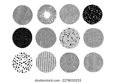 Circle shape elements in trendy style. Vector design elements. Abstract dots, lines, curves shapes illustration set. Modern grungy style poster. Vector illustration.