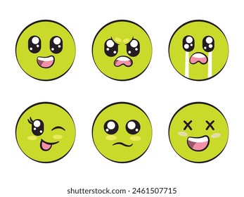 circle shape with expression smile angry crying wink eye sadness and laughing feeling green color 