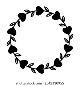 Kreisförmiger Rahmen mit Herzen und Blättern Silhouette Vorlage. Abstrakter Valentinstag-Rundkranz. Hochzeitsdekorationselement für Einladungen, Grußkarten, Banner, Poster. Vektordesign
