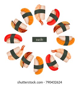 Circle shape frame. Traditional Japanese sushi food. Template design for advertisement, decoration.