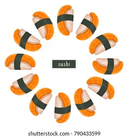 Circle shape frame. Traditional Japanese sushi food. Template design for advertisement, decoration.