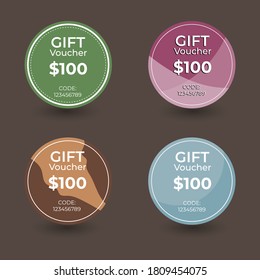 Diseño de vales de regalo en forma de círculo. Gran vector de moda, cupones de descuento, tarjetas de regalo, web, promoción de ventas, marketing de productos, aplicaciones, tiendas en línea, medios sociales, etc.
